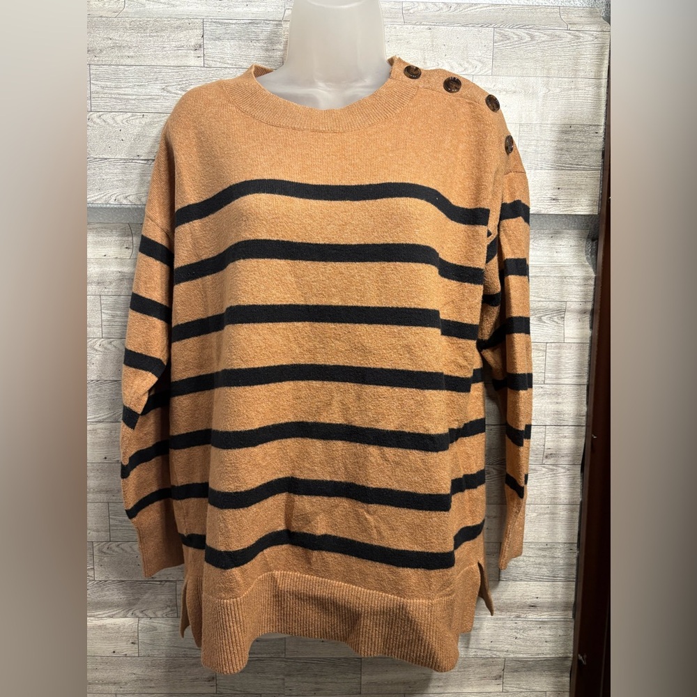 LOFT Button-Shoulder Striped Sweater - Brown and Black